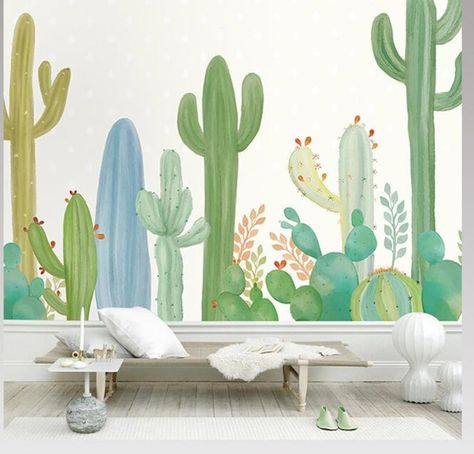 Cactus Wall Mural, Painted Cactus, Mural Nursery, Plants Wallpaper, Cactus House Plants, Etsy Artwork, Mural Home, Cactus Planta, Nursery Wall Murals