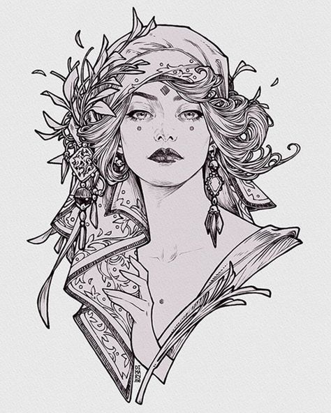 Maria Dimova, Dtiys Drawing, 200k Followers, Art Nouveau Tattoo, Mucha Art, Art Nouveau Illustration, Tarot Art, Ink Illustrations, Portrait Illustration