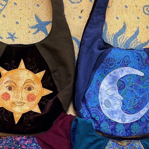 Sapphic Oracle Bag, Cottage Outfits, Moon Bag, Market Ideas, Hippie Bags, Craft Markets, Hippie Outfits, Sun And Moon, Handmade Fashion