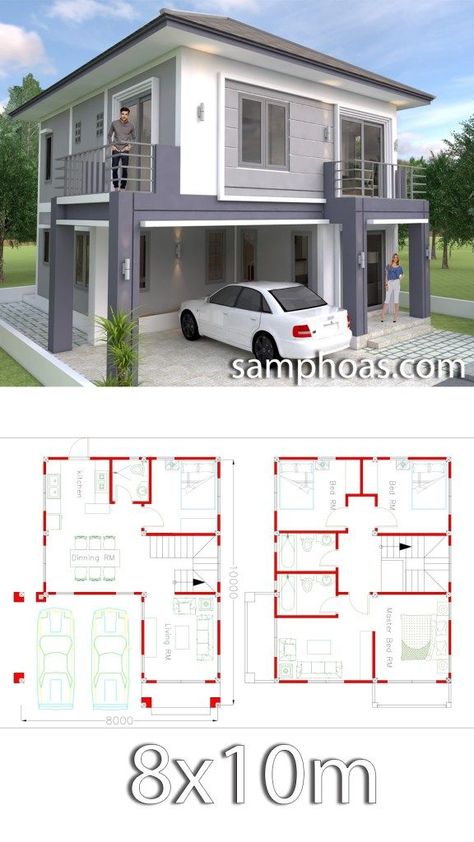 House Design Plan 8.5x9.5m With 4 Bedrooms #hausdesign Woods Living, 2 Storey House Design, Two Story House, 4 Bedroom House Plans, Duplex House Plans, Simple House Design, House Construction Plan, Simple House Plans, Model House Plan