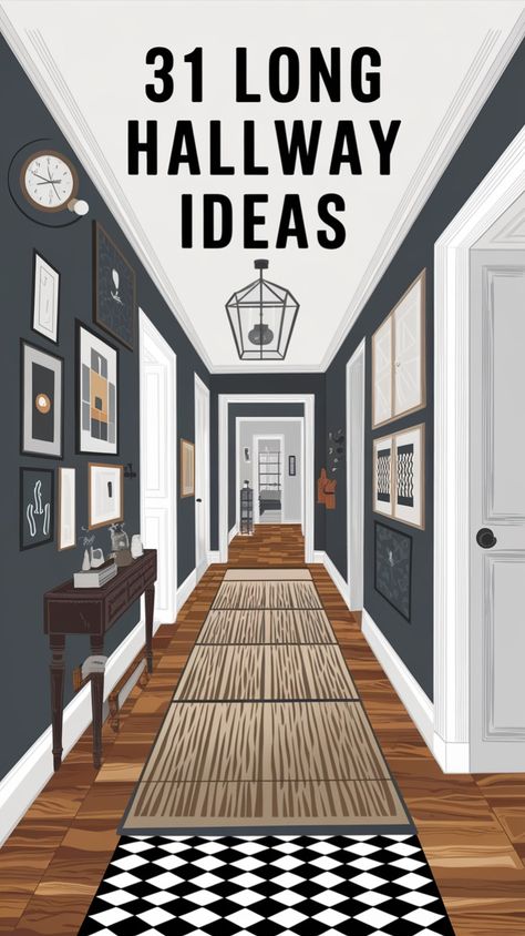 Don’t let your long hallway feel boring! Explore 31 stylish ideas to add depth, light, and character with wall art, mirrors, bold colors, and clever storage solutions. Long Hallway Ideas, Long Hallway, Hallway