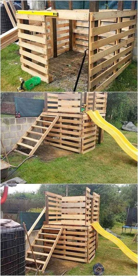 Pallet Kids, Diy Wood Pallet, Pallet Playhouse, Diy Playhouse, Build A Playhouse, Diy Playground, Pallet Creations, Pallet Decor, Backyard Playground