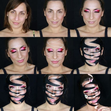 Ribbon Illusion Makeup  -  #illusions #opticalillusion #bodypainting #illusionmakeup #springmakeup #mimles Optical Illusion Makeup Halloween, Makeup Illusions, Optical Illusion Makeup, Illusion Makeup, Holloween Makeup, Natural Prom Makeup, Creepy Halloween Makeup, Face Paint Makeup, Old Makeup