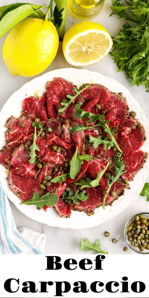 Beef Carpaccio Fine Dining, Steak Carpaccio, Beef Carpaccio Recipe, Fine Dining At Home, Carpaccio Recipe, Pecan Baked Brie, Radicchio Salad, Beef Carpaccio, Prosciutto Wrapped Asparagus