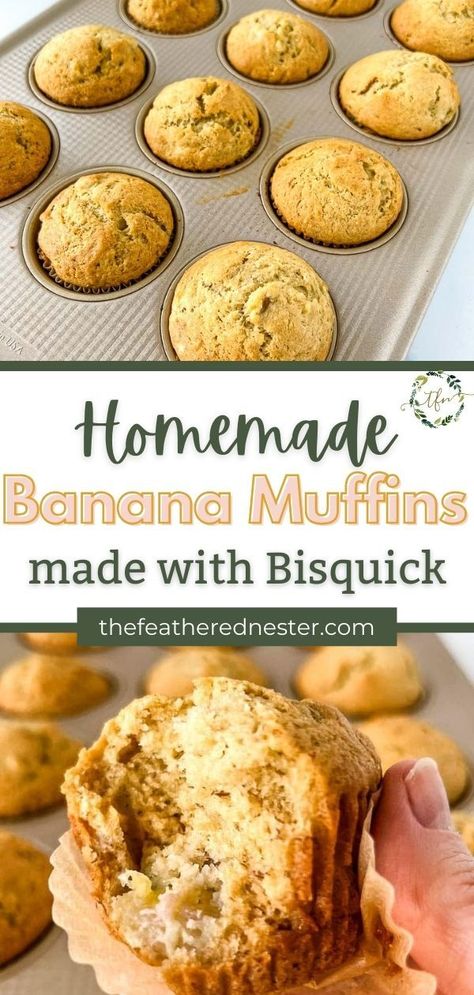 Everyone loves a warm, fluffy, and tender banana muffin as a tasty breakfast treat or anytime snack. And this terrifically easy one bowl banana muffin recipe is made with everyone’s favorite boxed baking mix! Bisquick banana bread muffins (with or without chocolate chips or nuts!) are practically effortless and nearly no-fail baked goods that are quick to make in only 30 minutes. Bisquick Banana Muffins, Easy Banana Chocolate Chip Muffins, Bisquick Banana Bread, Homemade Banana Muffins, Gluten Free Brunch Recipes, Make Ahead Brunch Recipes, Banana Muffins Recipe, Banana Muffin, Healthy Brunch Recipes