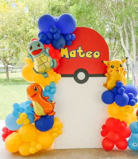 Pokemon Birthday Theme Ideas, Pokemon Balloon Decor, Pikachu Balloon Garland, Pokemon Party Backdrop Ideas, Picachu Theme Birthday, Pokemon Theme Birthday Party Ideas, Pokemon Birthday Balloon Garland, Pokemon Birthday Party Balloons, 1st Birthday Pokemon Theme