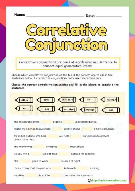 In this English worksheet for class 5, students will read the definition of correlative conjunctions and the complete the sentences using the correct correlative conjunctions as instructed. Visit our website to download the free PDF. Brainiac Worksheets. Conjunctions Activities, Correlative Conjunctions, English Worksheet, Restaurant Offers, Vegetarian Dishes, The Outsiders, Reading