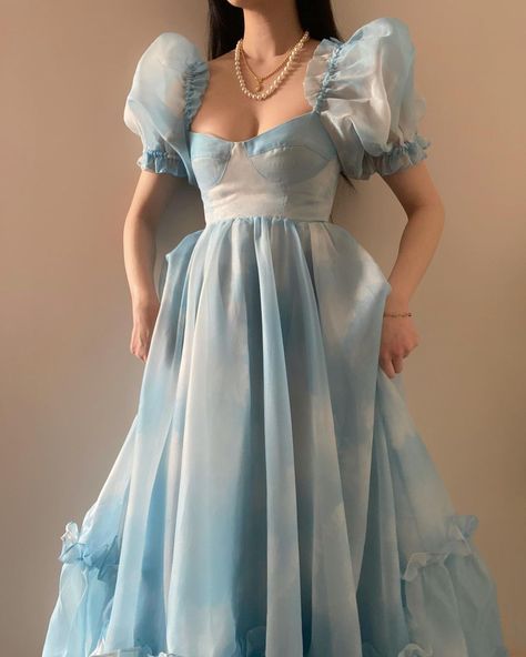 Sammi wears a cloud print gown, paired with a strand of pearls and a golden necklace. The dress flows effortlessly to the ground. Movie Dresses, Organza Dresses, Cinderella Art, Romantic Coquette, Cottagecore Academia, Cottage Dress, Strand Of Pearls, Magical Dress, Gothic Castle