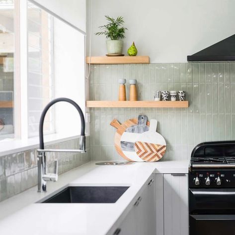 Shop this Instagram.self from @tilecloud Sage Green Tile, Green Subway Tile, Sage Kitchen, Kitchen Splashback Tiles, Green Backsplash, Sage Green Kitchen, Kitchen Splashback, Kitchen Wall Tiles, Kitchen Inspiration Design