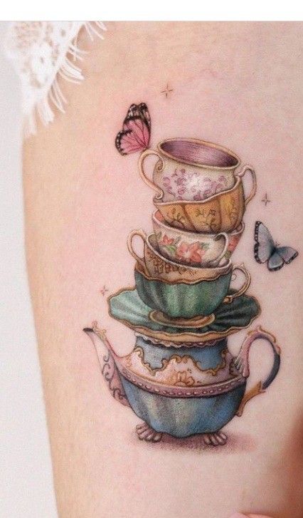 Teapot Tattoo, Tea Tattoo, Teacup Tattoo, Worst Tattoos, Whimsical Tattoos, Tattooed Woman, Tattoo Coloring Book, Cup Tattoo, Party Tattoos