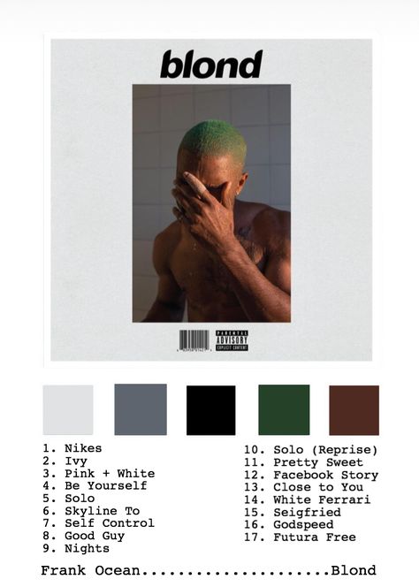 Frank Ocean Color Palette, Frank Ocean Bracelet, Blonde Album, Ocean Color Palette, Ocean Outfits, Album Wall, Music Prints, Album Posters, Ocean Bracelet