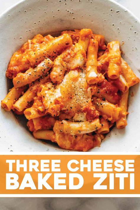 Three Cheese Baked Ziti that is bubbly and browned, extra creamy, extra saucy, and incredibly easy with NO RICOTTA! A baked pasta masterpiece. #pasta #bakedpasta #bakedziti Recipies Aesthetic, Cheese Baked Ziti, Dinner Staples, Best Baked Ziti Recipe, Recept Sandwiches, Sun Ideas, Rice Meals, Ziti Recipe, Ziti Recipes