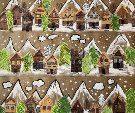 Painted Paper Art - mini masterpieces of art for kids Painted Paper Art, Winter Snow Globe, Mini Masterpieces, Snowy Village, Grant Wood, Swiss Chalet, Art Teaching, Art Camp, Winter Project