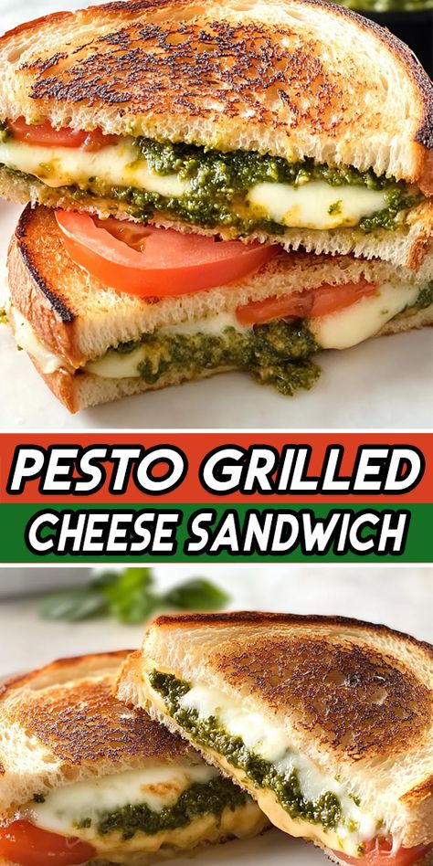 Craving a twist on the classic grilled cheese? Try this Pesto Grilled Cheese Sandwich 🥪! Loaded with melty cheese and fresh pesto, it’s a perfect lunch or quick snack that’s bursting with flavor. Ready in minutes and sure to satisfy! Give it a try today! #PestoGrilledCheese #GrilledCheeseRecipe #EasyLunchIdeas #CheeseLovers #QuickRecipes #FoodieFavorites Sandwich Ideas Recipes, Grilled Pesto Sandwich, Grilled Cheese With Pesto, Pesto Grilled Cheese Sandwich, Sourdough Crust, Pesto Grilled Cheese, Sandwich For Lunch, Pesto Sandwich, Sandwich Sides