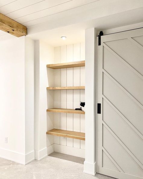 A House We Built on Instagram: “We built this nook in our basement hallway to have a fun spot to decorate throughout the year. We’re still finishing up some other build-…” Shelving Nook, Hallway Nook Ideas, End Of Hallway Decor, A House We Built, End Of Hallway, Basement Hallway, Hallway Closet, Kitchen Nook, Built In Shelves