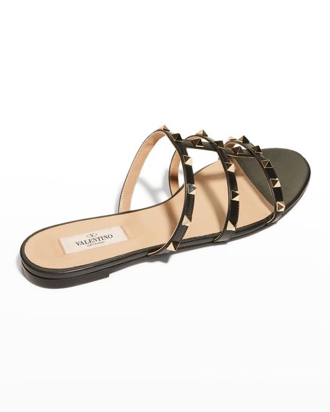 Valentino Garavani Rockstud Caged Flat Slide Sandals | Neiman Marcus Valentino Garavani Shoes, Designer Flats, Womens Fashion Inspiration, Earn Cash, Dress Shoes Womens, Shoe Style, Stacked Heel, Top Shoes, Valentino Garavani