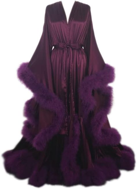 Dressica Old Hollywood Feather Robe Sexy Boudoir Robe Feather Bridal Robe Satin Long Wedding Scarf New Custom Made at Amazon Women’s Clothing store Robe With Fur, Feather Bridal Robe, Goth Closet, Fancy Robes, Cute Nightgowns, Satin Bridal Robe, Night Gown Dress, Wedding Scarf, Red Fur