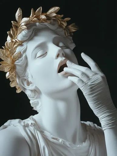 ↑↑↑ Larger size on website 🔸 The image shows a close-up of a white marble statue of a woman. She is wearing a gold laurel wreath Gold Laurel Wreath, Woman Statue, Gold Statue, Statue Art, Hair Flow, Marble Statues, Marble Sculpture, Art Prompts, Laurel Wreath