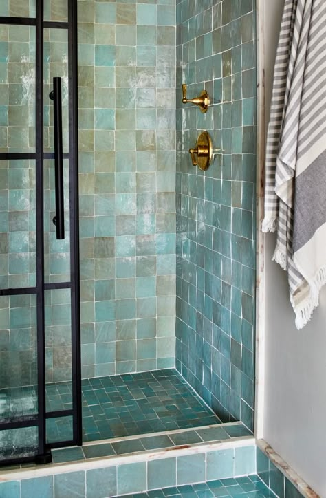 CLARENDON BACHELOR — Zoe Feldman Design Turkish Tiles Bathroom, Black Frame Glass Partition, Shower With Black Frame, Turkish Bathroom Ideas, Blue Shower Tile, Tile Walk In Shower, Turkish Bathroom, Tiny Bath, Herringbone Wall