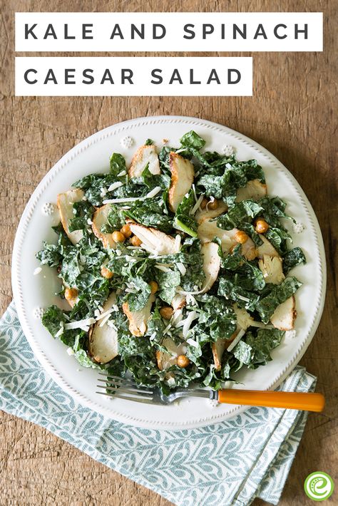 Kale and Spinach Caesar Salad with Roasted Chicken and Crispy Chickpeas | eMeals.com Kale And Spinach Salad Recipes, Grilled Chicken Kale Caesar Salad, Spinach Ceaser Salad, Kale Chicken Wrap, Cesar Salad With Spinach, Spinach Caesar Salad, Spinach Kale Salad, Spinach And Kale Salad, Kale Spinach Salad