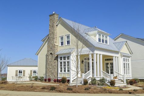 Small-Town Cottages We Would Love to Call Home | Southern Living Metal Roof Cottage, Cozy House Exterior, Sugarberry Cottage, Florida Cottage, Cottage Exteriors, Pretty Houses, Southern Living House Plans, Stone Chimney, Small Cottage Homes