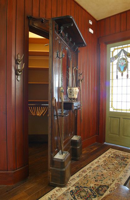 How to Tap Your Hall Closet’s Storage Potential Dold Dörr, Case Sotterranee, Skjulte Rum, Hidden Closet, Rustic Entry, Secret Passageways, Hidden Spaces, Secret Room, Cozy Spaces