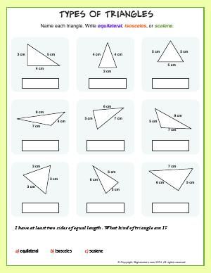 Worksheet | Types of Triangles | Practice identifying triangles. Geometry Projects Middle School, Scalene Triangle, Different Types Of Triangles, Types Of Triangles, Geometry Interactive Notebook, Triangles Activities, Classifying Triangles, Triangle Math, Math Integers