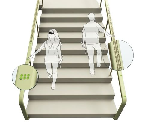 Staircase handrails usually are not considered to be a great navigation, however, if we use Braille Staircase Handrail, it would be really handy for visually impaired and blind people. Accessibility Design, Terminal Bus, Staircase Handrail, Blinds Design, Stair Handrail, Modern Stairs, Urban Furniture, Inclusive Design, Grill Design