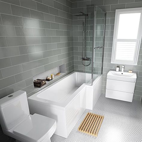 L Shaped Bathroom, L Shaped Bath, Ensuite Bathrooms, Bathroom Suite, Ensuite Bathroom, Bathroom Idea, Upstairs Bathrooms, Small Bathroom Design, Grey Bathrooms