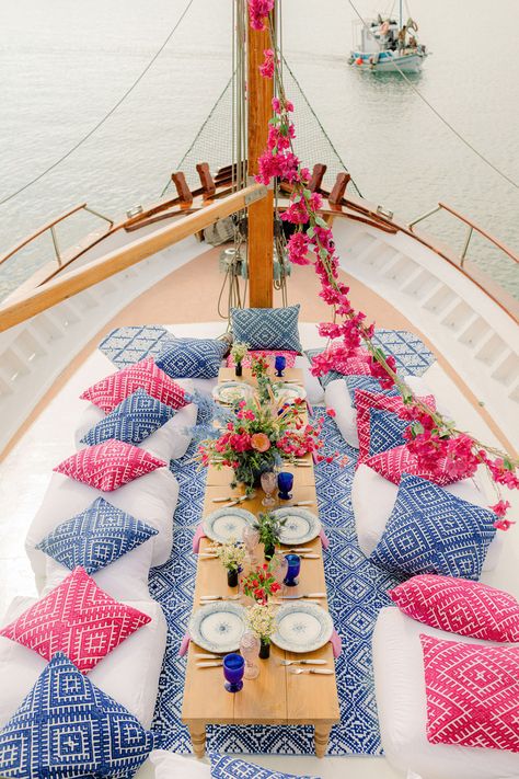 Grecian Sailboat Elopement Blue White Bouganvillea Pontoon Boat Birthday Party Decorations, Sailboat Bachelorette Party, Party Boat Ideas, Mamma Mia Wedding Aesthetic, Boat Decorating Ideas Party, Mama Mia Wedding Aesthetic, Mama Mia Aesthetic Party, Boat Party Aesthetic, Santorini Themed Party