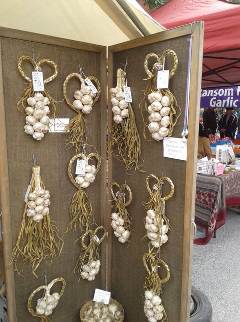 Garlic Braid With Flowers, Garlic Decor, Garlic Braid, Garlic Flower, Harvest Storage, Banquet Centerpieces, Flower Braids, Dried Flower Wreaths, Market Garden