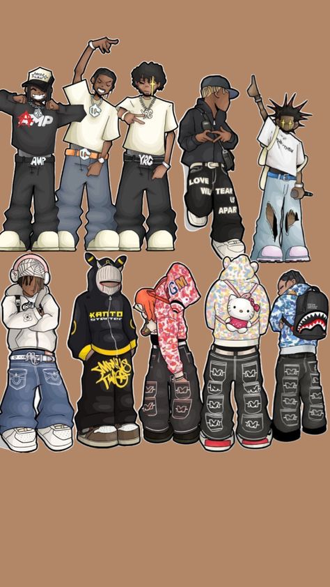 Boondocks Characters Drawings, Rap Cartoon Art, Cartoon Rappers Art, Graffiti Style Characters, Gangsta Drawings, Anime Streetwear Art, Boondocks Characters, Bape Cartoon, Bape Art