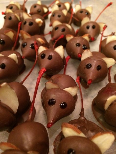 Little mice made from chocolate covered strawberry and Hershey's kiss Dessert Recipes Crescent Rolls, Black Cherry Dessert Recipes, Cherry Dessert Recipes Easy, Cherry Mice, Strawberry Mice, Cherry Dessert Recipes, 3 2 1 Cake, The Rats Of Nimh, Rats Of Nimh