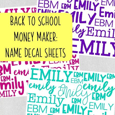 Need a quick back to school product to sell with your Silhouette Portrait or Cameo or Cricut Explore or Maker? Consider name decal sheets made from vinyl. Vinyl Name Decal, Product To Sell, School Labels, Silhouette Portrait, Silhouette Cameo Projects, Cricut Tutorials, Name Stickers, Cricut Projects Vinyl, Going Back To School