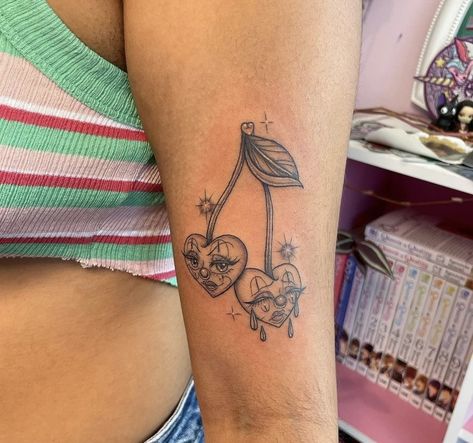 Spooky Cherry Tattoo, Dice Cherry Tattoo, Cherry Face Tattoo, Cherry Dice Tattoo, Laugh Now Cry Later Tats, Cute Cherry Tattoo, Laughing Tattoo, Heart Cherry Tattoo, Chicana Tattoos For Women