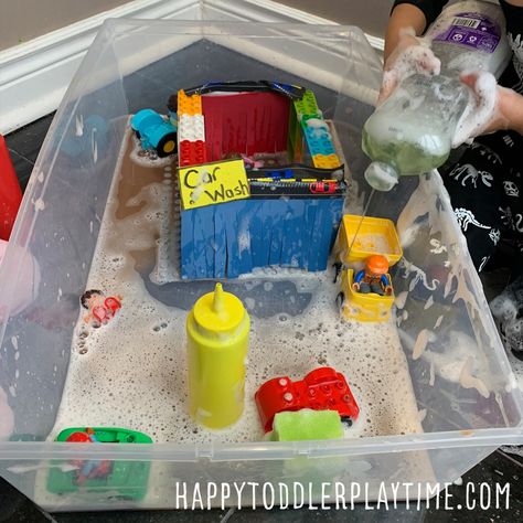 44+ Fun and Easy Activities for 4 Year Olds - Happy Toddler Playtime Lego Sensory Bin, Car Wash Sensory Play, Car Wash Activities For Kids, Car Sensory Play, Car Wash Preschool, Cars Sensory Bin, Car Wash Sensory Bin, Car Sensory Bin, Three Year Old Activities