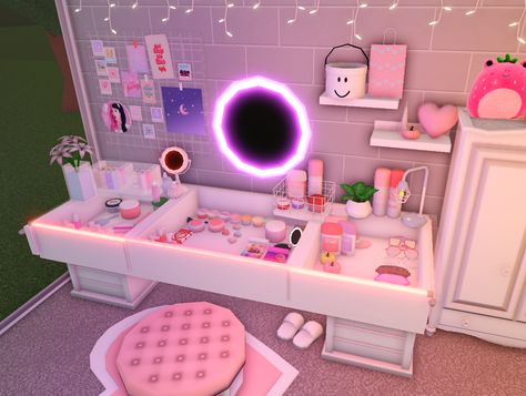 Custom Beauty Vanity Tour If you want me to create a tutorial, like and comment! ✨ bloxburg vanity, bloxburg desk bloxburg aesthetic bloxburg ideas! pink girly pretty glamourous bloxburg pink bloxburg dream sleepover pretty bloxburg pink Pink Aesthetic Bloxburg House, Cozy Aesthetic House Exterior Bloxburg, Front Yard Inspo Bloxburg, Bloxburg Preppy Desk Ideas, Pink Id Codes Bloxburg, Bloxburg Beauty Room Ideas, Cute Room Bloxburg, Bloxburg Aesthetic Houses Layout, Bloxburg Bedroom Ideas Aesthetic Pink