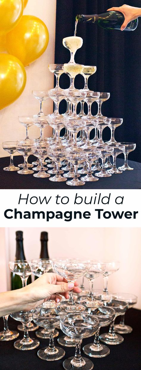 Roaring 20s Champagne Tower, How To Do A Champagne Tower, Champagne Tower How To, How To Champagne Tower, How To Make A Champagne Tower, Speakeasy Bridal Shower Ideas, Champagne Brunch Ideas, Champagne Tower Wedding, Plastic Champagne Glasses