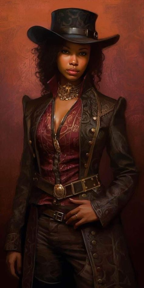 Western Gunslinger Art, Black Cowboys, Black Cowgirl, Steampunk Women, West Art, Black Characters, High Fantasy, Black Women Art, Dnd Characters