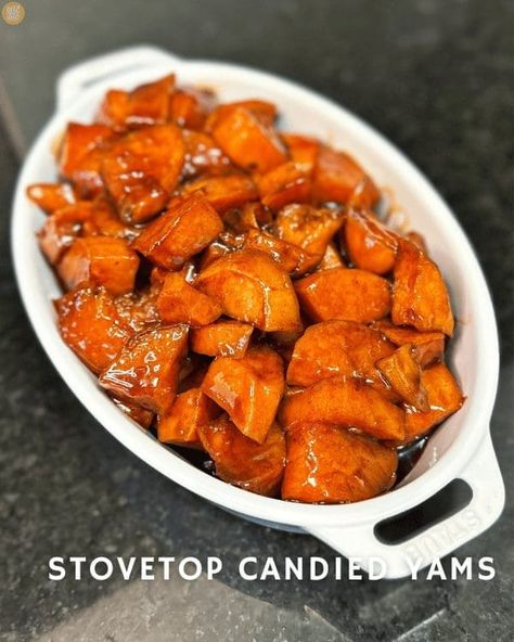 These Stovetop Candied Yams are easy and delicious. They take less than an hour to cook, making them perfect for holidays or weeknights! #candiedyams #sweetpotatoes #thanksgiving #sidedishes #soulfood #deepfriedhoney Frozen Sweet Potatoes Cubes, Caramel Sweet Potatoes, Frozen Sweet Potatoes In Oven, Stovetop Candied Sweet Potatoes, Oven Candied Yams, Oven Baked Candied Yams, Stovetop Sweet Potatoes, Candied Sweet Potatoes Stove Top, Stovetop Sweet Potato Recipes