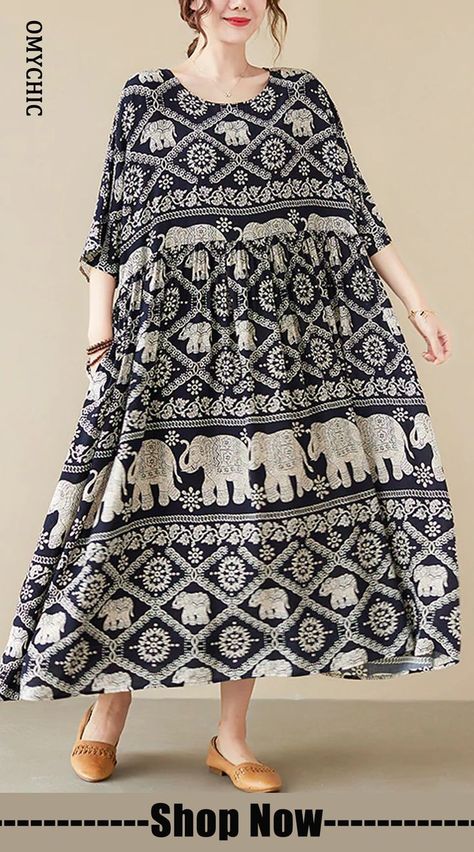 Beautiful Black O-Neck Elephant Print Chiffon Party Dress Half Sleeve Elephant Print Dress, Floral Beach Dress, Dress Half Sleeve, Cotton Dresses Summer, Korea Dress, Chiffon Party Dress, Printed Cotton Dress, Half Sleeve Dresses, Silk Print Dress