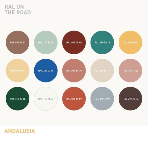 The result of the study "RAL on the Road - Andalusia" is a 15-part colour code. It reflects the essence of the colour impression and the architectural colours in the region. The colour palette offers a source of Andalusian inspiration for designers based on the colour feeling of the region. The research derives from observations and conversations with people in Andalusia. In the subsequent scouting 15 visual colour worlds were defined. Andalusian Architecture, Floor Pattern Design, Ral Code, Spanish House, The Study, Floor Patterns, Andalusia, Colour Palette, Color Palettes