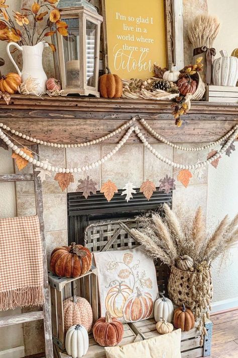 Fall Fireplace Decor, Vintage Fall Decor, Fall Mantle Decor, Beads Garland, Fall Room, Fall Fireplace, Fireplace Mantle Decor, Harvest Decor, Fall Mantle