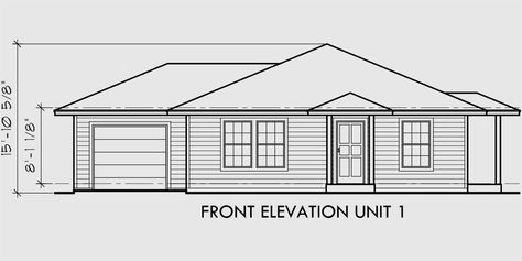 House front drawing elevation view for D-392 Single story duplex house plans, corner lot duplex house plans, duplex floor plans, D-392 House Drawing Front View, Front View House Design Drawing, Elevation Plan Drawing, House Elevation Single Floor, Bungalow Front Elevation, Front Elevation Drawing, Front View Of House, House Sketches, Bungalow House Floor Plans