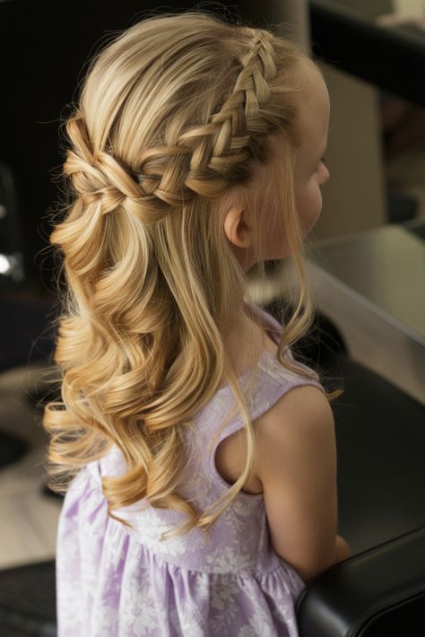 Curl With Braid Hairstyle, Easy Kid Hairstyles For Long Hair, Wedding Hair For Girls Kids, Fancy Girl Hairstyles, Flower Girl Hairstyles Braid, Hair Styles For Long Hair Kids, Girl Wedding Hairstyles Kids, Toddler Formal Hairstyles, Girls Hairstyles For Weddings