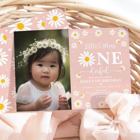 Boho Daisy Little Miss ONEderful Photo Birthday for $2.40 - Birthday Invitations Boho Daisy First Birthday, Daisy 1st Birthday Party, Daisy 1st Birthday, Little Miss Onederful, Daisy Invitations, Miss Onederful, Minimalist Calligraphy, Groovy One, Photo Rose