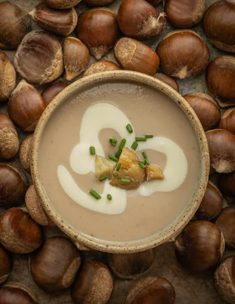 French Cream of Chestnut Soup (Potage aux Marrons) Vegetarian Recipes For Thanksgiving, Forager Chef, Chestnut Soup, French Soup, Cold Weather Comfort Food, Dried Porcini Mushrooms, French Cream, Veg Soup, Foraged Food