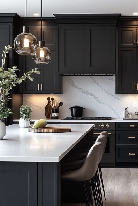 29 Kitchen Cabinet Color Ideas for a Fresh and Modern Look 29 Charcoal Kitchen Cabinets Modern, Black Kitchen With Black Countertops, Matte Black Cabinets Kitchen, Black Shaker Kitchen, Cabinet Color Combinations, Nice Kitchens, Nj House, Cabinet Color Ideas, Downtown Condo