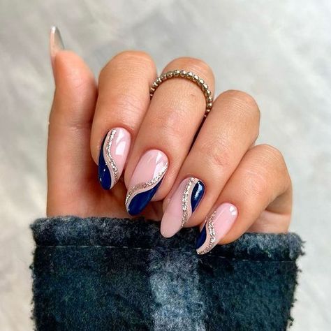 Navy Prom Nails, Navy And Silver Nails, Blue Prom Nails, Blue Christmas Nails, Blue And Silver Nails, Silver Nail Designs, Festive Nail Designs, Swirl Nails, Formal Nails