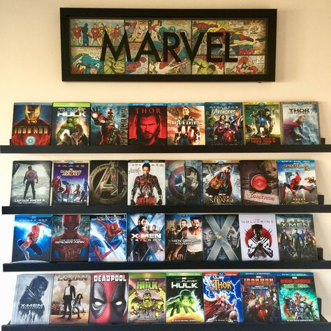 Marvel Movie Collection Marvel Room Ideas, Avengers Room Decor, Marvel Decor, Loren Hale, Marvel Bedroom, Avengers Room, Comic Room, Comic Book Storage, Marvel Room